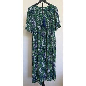Go Softly Patio Green Blue White Floral Kaftan Shift Midi Dress M Rayon